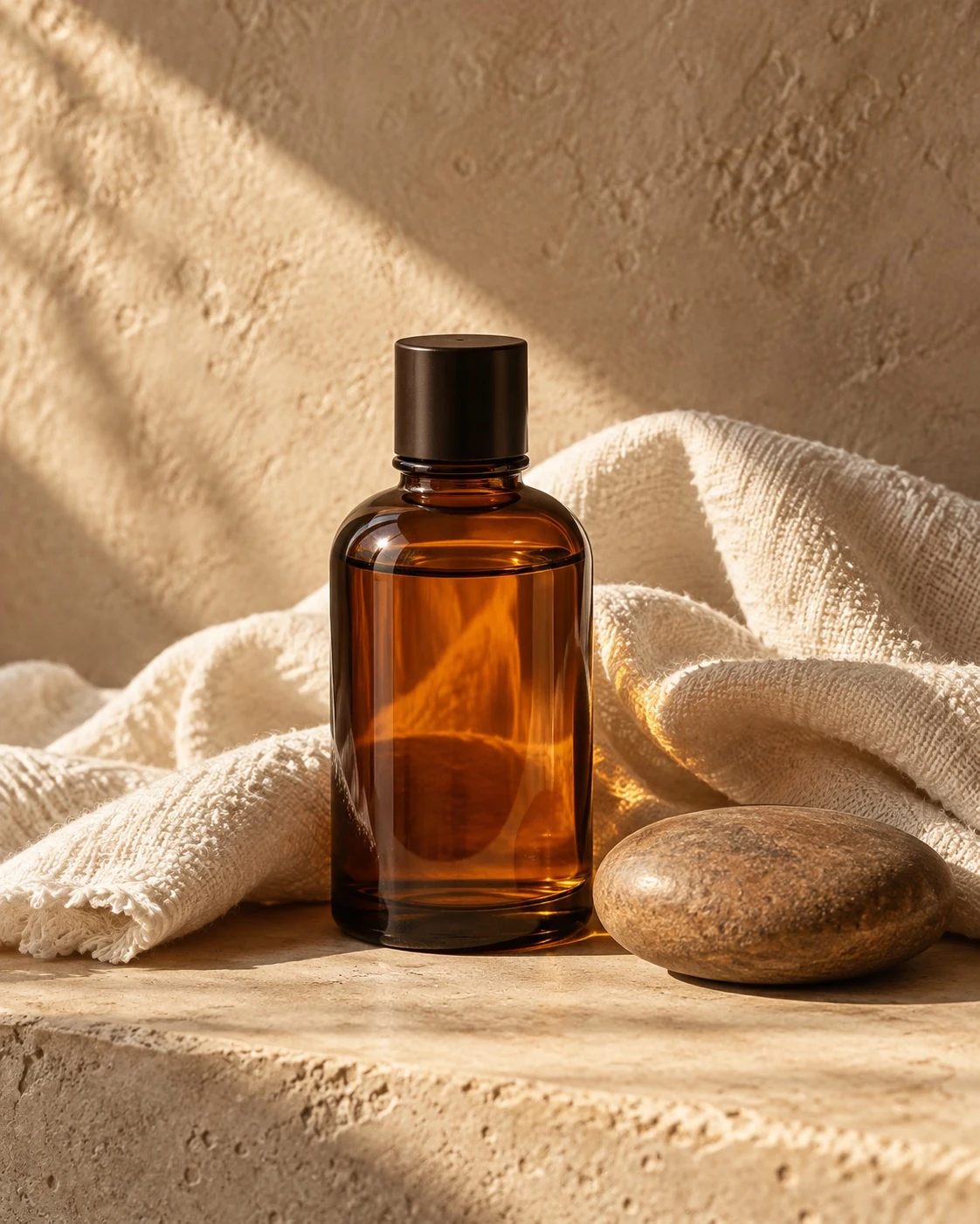 Fotografía conceptual de aceite ámbar, lino y piedra con luz natural